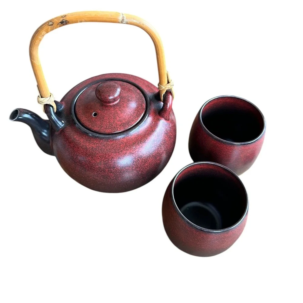 Unbranded Ceramic Tea‎ Set Unisex OS Red Black Excellent Bamboo Handle 3pc